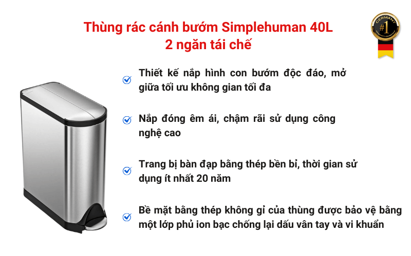 Thùng rác cánh bướm Simplehuman 40L 2 ngăn tái chế