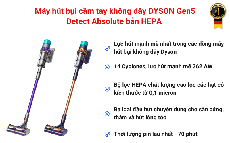 Máy hút bụi cầm tay không dây DYSON Gen5 Detect Absolute bản HEPA