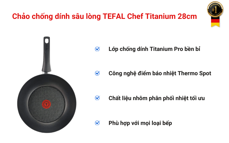 Chảo chống dính sâu lòng TEFAL Chef Titanium 28cm