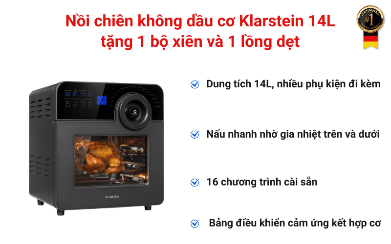 Nồi chiên không dầu cơ Klarstein 14L tặng 1 bộ xiên và 1 lồng dẹt