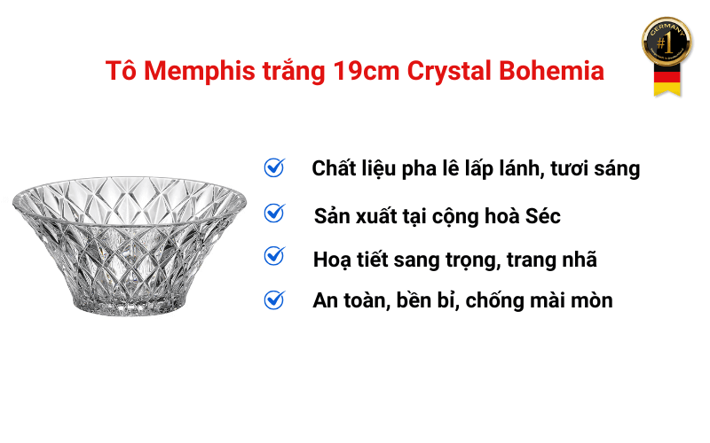 Tô Memphis trắng 19cm Crystal Bohemia