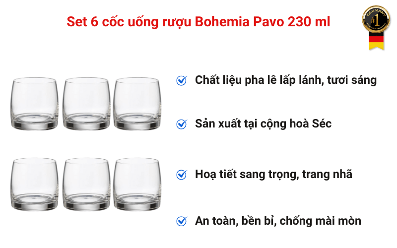 Set 6 cốc uống rượu Bohemia Pavo 230 ml