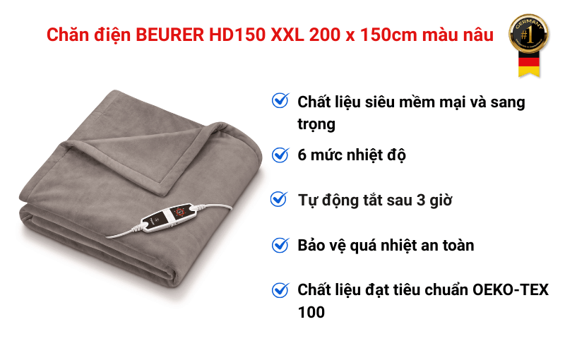 Chăn điện BEURER HD150 XXL 200 x 150cm màu nâu