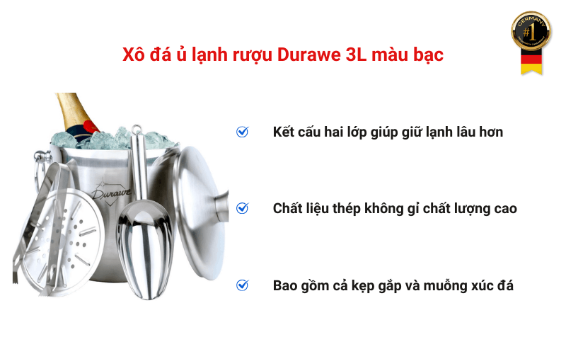 Xô đá ủ lạnh rượu Durawe 3L màu bạc