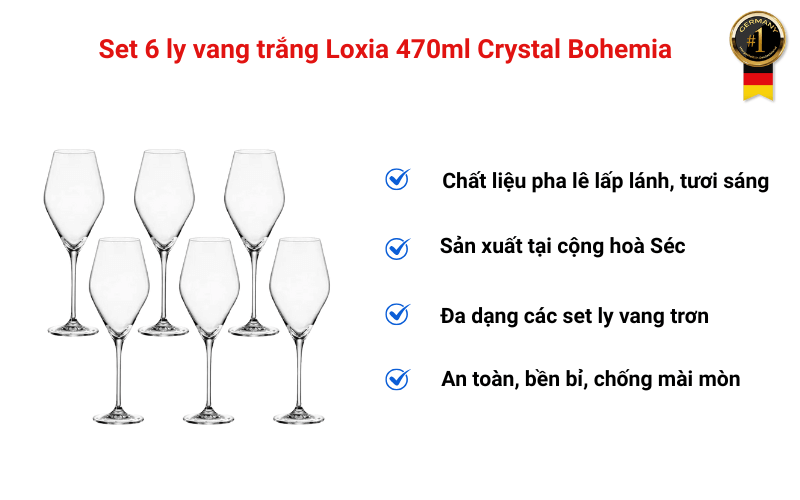 Set 6 ly vang trắng Loxia 470ml Crystal Bohemia