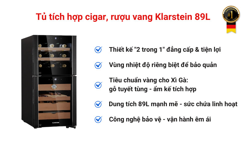 Tủ tích hợp cigar, rượu vang Klarstein 89L