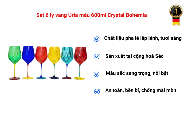 Set 6 ly vang Uria màu 600ml Crystal Bohemia