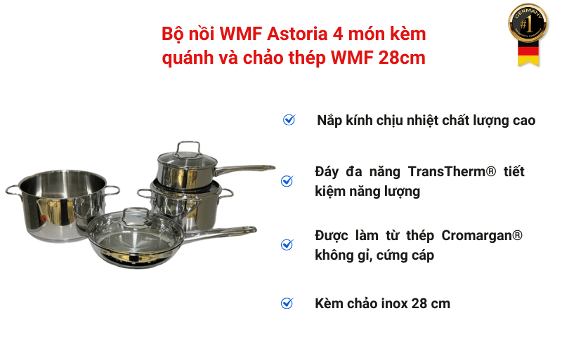 Bộ nồi WMF Astoria 4 món kèm quánh và chảo thép WMF 28cm
