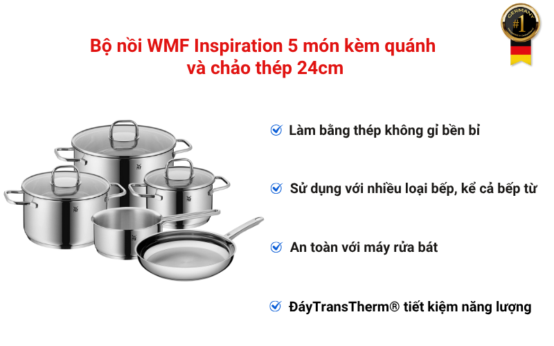 Bộ nồi WMF Inspiration 5 món kèm quánh và chảo thép 24cm
