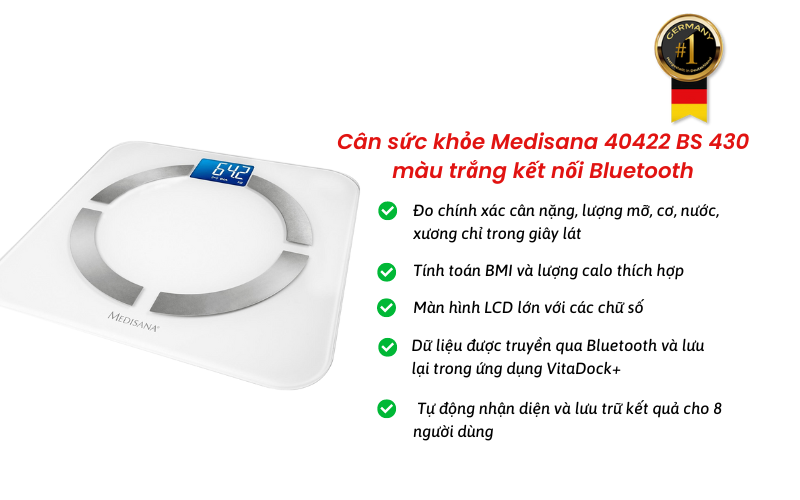 Cân sức khỏe Medisana 40422 BS 430 màu trắng kết nối Bluetooth