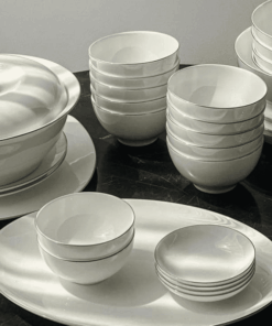 Set bát sứ Imperial 50 món trắng viền bạc gồm set thìa