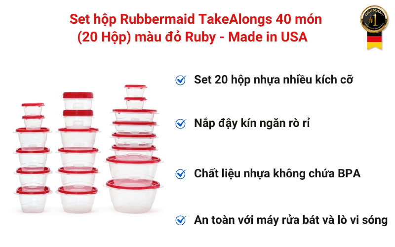 Set hộp Rubbermaid TakeAlongs 40 món (20 Hộp) màu đỏ Ruby - Made in USA