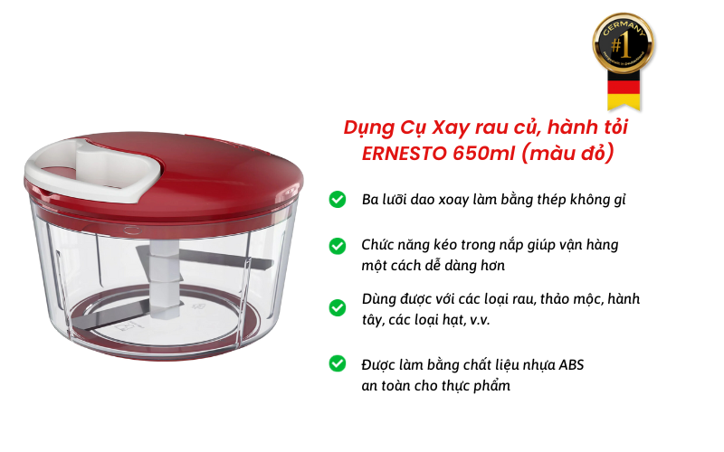 Dụng Cụ Xay rau củ, hành tỏi ERNESTO 650ml (màu đỏ)