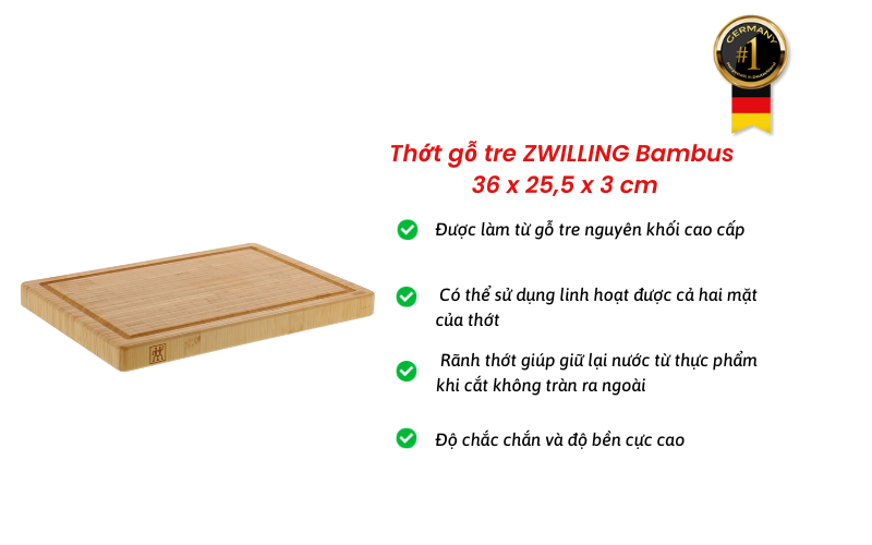 Thớt gỗ tre ZWILLING Bambus 36 x 25,5 x 3 cm