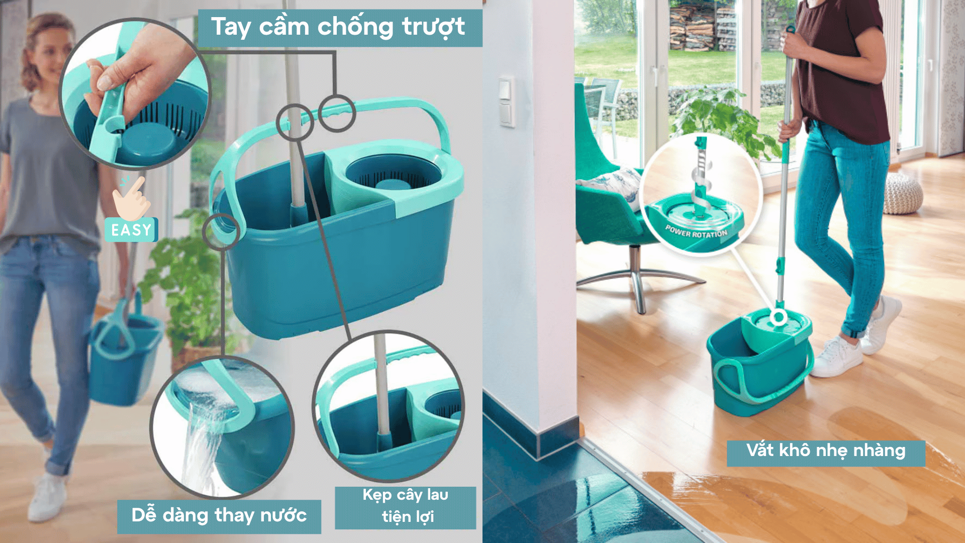 Cây lau nhà Leifheit Twist Ergo kèm gạt kính made in EU bản Turbo nội địa Đức