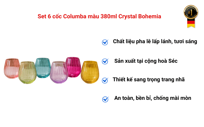 Set 6 cốc Columba màu 380ml Crystal Bohemia
