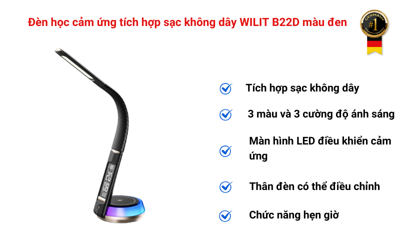 Đèn học cảm ứng tích hợp sạc không dây WILIT B22D màu đen