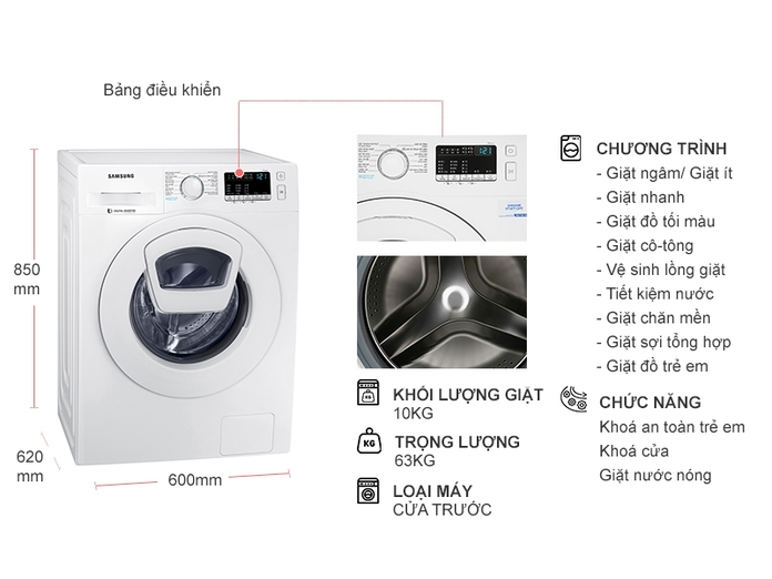 Máy giặt Samsung Inverter 9 Kg WW90K44G0YW/SV