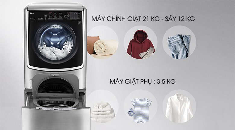 Khối lượng giặt lớn phù hợp cho gia đình đông thành viên - Máy giặt LG Twinwash F2721HTTV & T2735NWLV