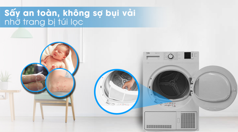An toàn với tính năng lọc bụi vải - Máy sấy Beko 8kg DU8133GA0W An toàn với tính năng lọc bụi vải - Máy sấy Beko 8kg DU8133GA0W