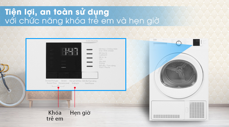 Tính năng khóa trẻ em và chế độ hẹn giờ - Máy sấy Beko 8kg DU8133GA0W Tính năng khóa trẻ em và chế độ hẹn giờ - Máy sấy Beko 8kg DU8133GA0W