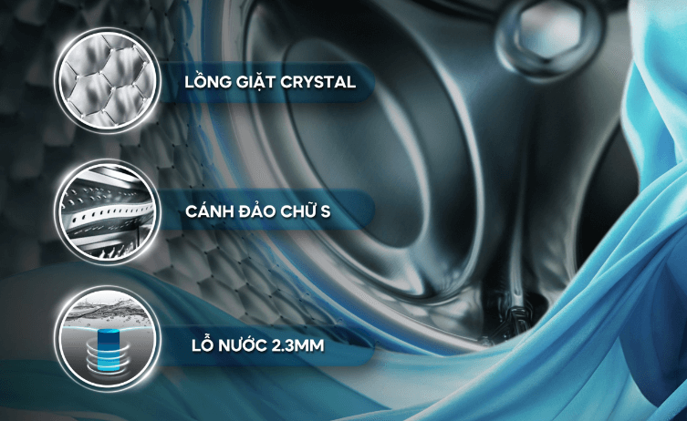 Bề mặt lồng giặt Crystal, cánh đảo chữ S trên máy giặt Casper cửa ngang WF-95VG5 giúp làm sạch hiệu quả