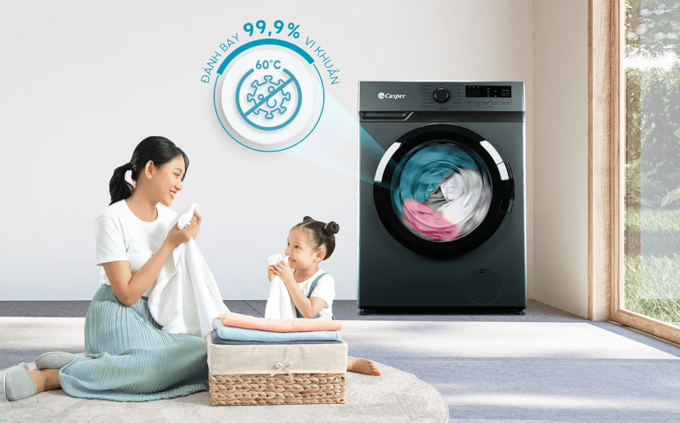 Máy giặt Casper WF-95VG5 có chế độ giặt khử khuẩn bằng nước nóng ở mức 60 độ C