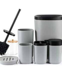 Bộ dụng cụ phòng tắm 6 chi tiết DUFU màu xám ( thùng rác, cọ toilet, cốc nhựa , hộp đựng bàn chải đánh răng, khay đựng xà phòng, chai đựng xà phòng )