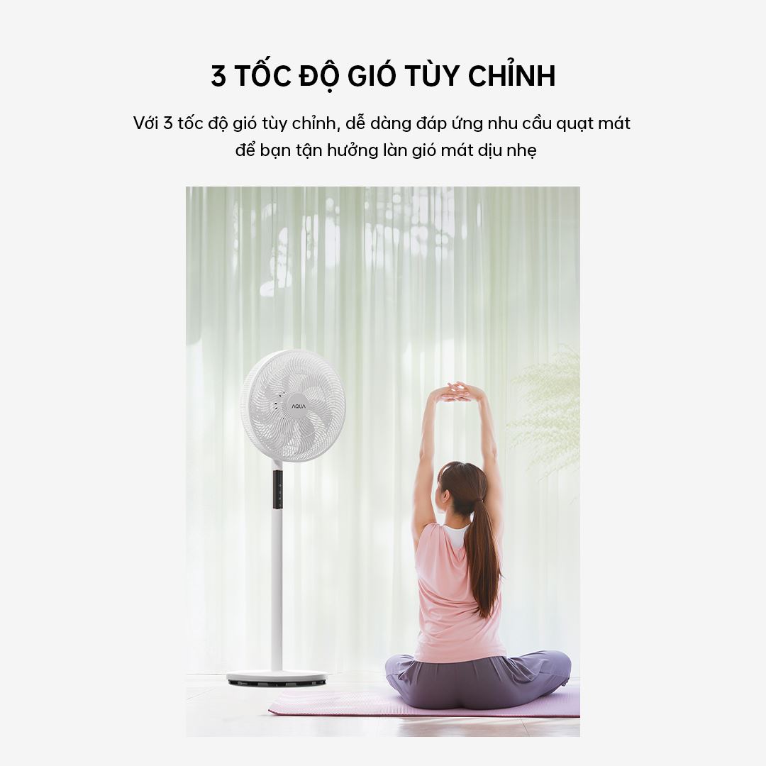 Quạt đứng AQUA AQS-FED3501R(W)-VN có 3 mức gió tùy chỉnh: nhẹ – vừa – mạnh, phù hợp với đa dạng nhu cầu sử dụng