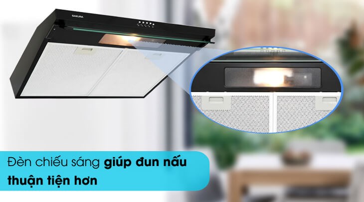 Máy hút mùi áp tường Sakura SCR-2881B được trang bị đèn LED chiếu sáng tốt