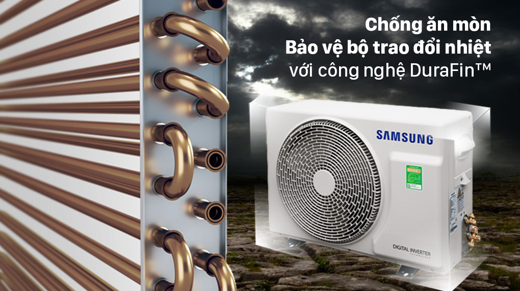 Máy lạnh Samsung Wind-Free Inverter 1 HP AR10TYGCDWKNSV được thiết kế với công nghệ DuraFin, giúp chống ăn mòn hiệu quả