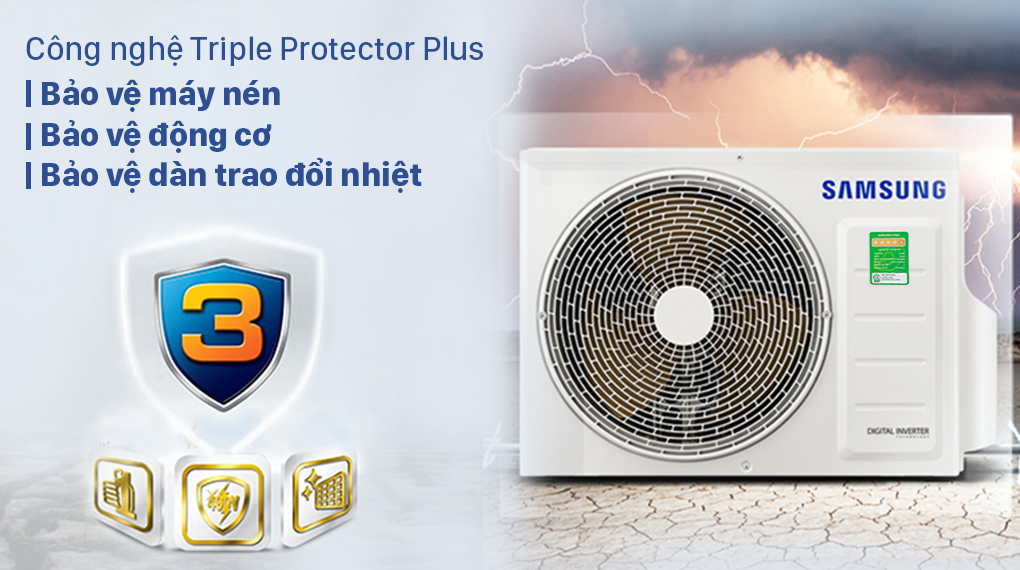 Máy lạnh Samsung Wind-Free Inverter 1 HP AR10TYGCDWKNSV được tích hợp công nghệ Triple Protector Plus giúp bảo vệ máy hiệu quả