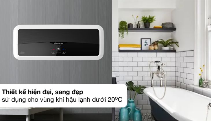 Máy nước nóng gián tiếp Ariston có thiết kế nhỏ gọn, hiện đại làm tăng vẻ đẹp không gian phòng tắm của gia đình