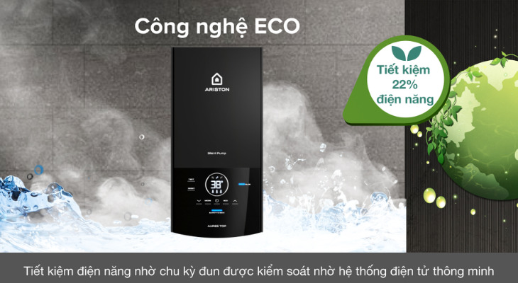 Công nghệ ECO trên máy nước nóng trực tiếp Ariston Aures 2022 tiết kiệm đến 22% điện năng cho gia đình