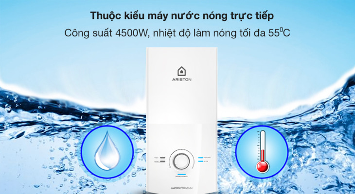 Máy nước nóng trực tiếp Ariston 4500W AURES PREMIUM 4.5 có công suất 4500W
