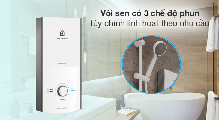 Máy nước nóng trực tiếp Ariston 4500W AURES PREMIUM 4.5P PEARL  có vòi sen 3 chế độ