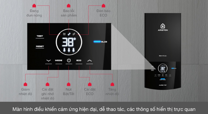 Máy nước nóng trực tiếp Ariston 4500W AURES TOP 4.5P có màn hình cảm ứng hiện đại