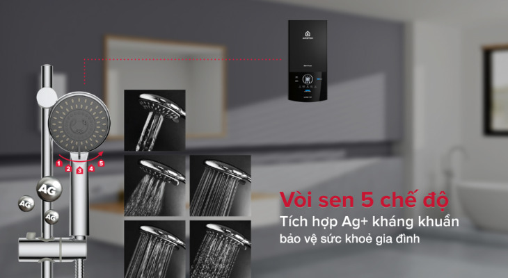 Vòi sen máy nước nóng trực tiếp Ariston 4500W AURES TOP 4.5P được tích hợp thêm Ag+ kháng khuẩn