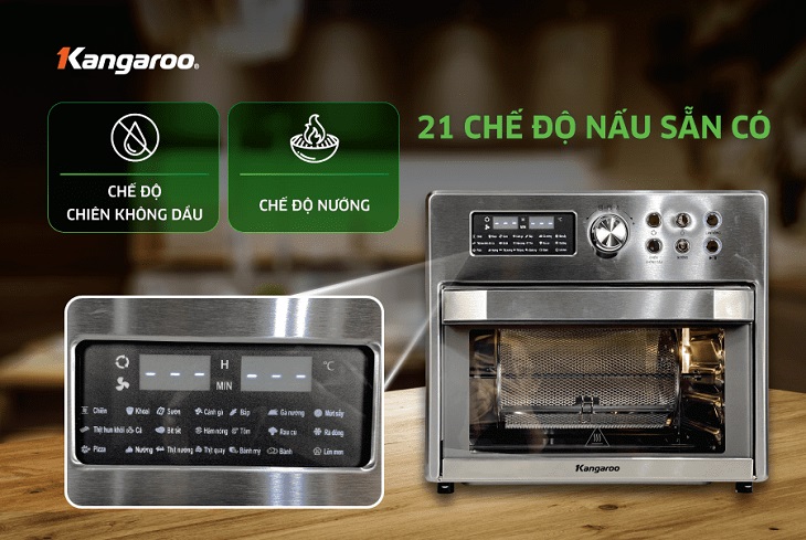 Lò chiên không dầu Kangaroo có 21 menu nấu sẵn được tích hợp đáp ứng mọi nhu cầu sử dụng