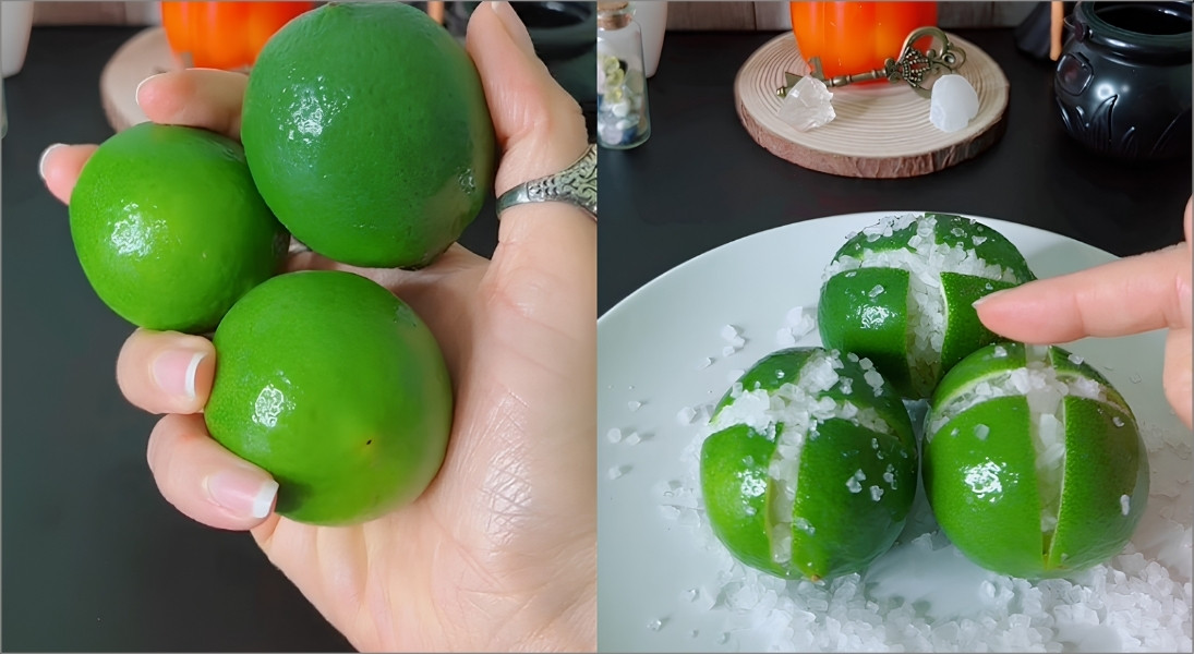 Bạn hãy cắt đôi hoặc cắt làm tư 3 quả chanh (không cắt rời hẳn), sau đó rắc đều muối hột vào các khe cắt