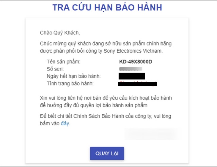Tra cứu bảo hành tivi
