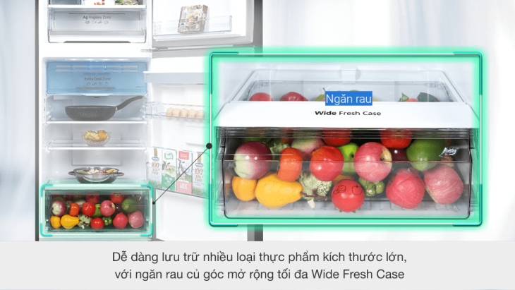 Ngăn Wide Fresh Case có kích thước lớn giúp thoải mái bảo quản thực phẩm