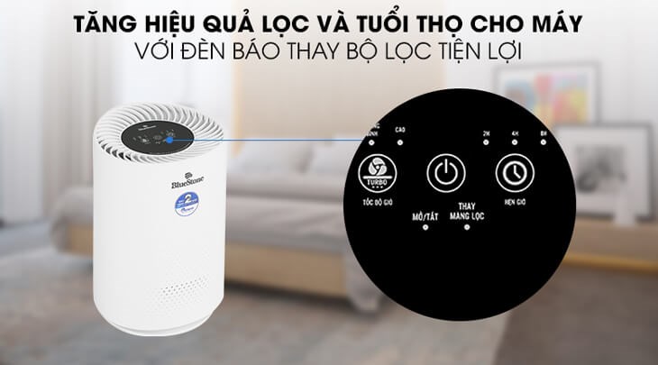 Máy lọc không khí BlueStone được tích hợp tính năng cảnh báo thay màng lọc giúp gia tăng tuổi thọ cho sản phẩm