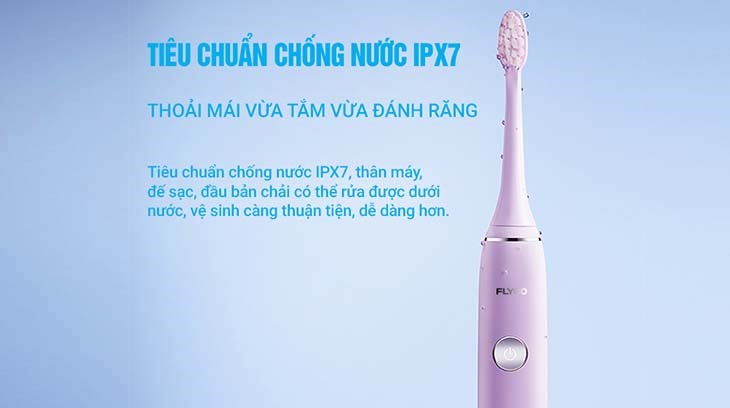 Bàn chải điện Flyco FT7105VN (Tặng 1 đầu bàn chải) có khả năng chống nước IPX7 có thể vệ sinh các bộ phận dưới nước dễ dàng và an toàn