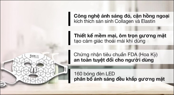 Mặt nạ ánh sáng chăm sóc da FaceLITE Rio Beauty FCLT hỗ trợ tinh chất thẩm thấu vào da nhanh chóng, hiệu quả