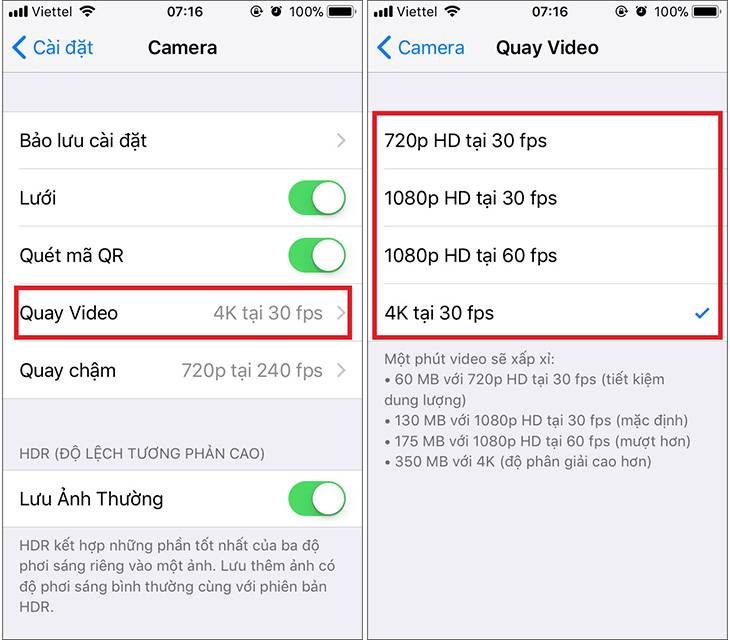 Thay đổi chất lượng quay video
