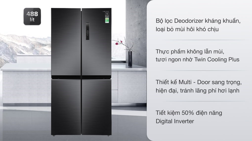 Tủ lạnh Samsung Inverter 488 lít Multi Door RF48A4000B4/SV với bộ lọc than hoạt tính sẽ loại bỏ hiệu quả các mùi hôi, nấm mốc và các vi khuẩn