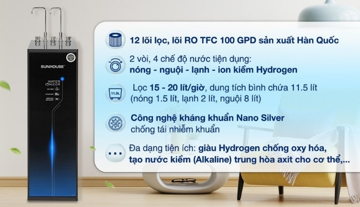 Máy lọc nước RO nóng nguội lạnh Hydrogen ion kiềm Sunhouse UltraX SHA76656LA 12 lõi mang đến nước sạch bảo vệ sức khoẻ