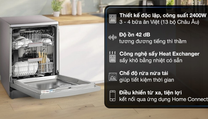 Máy rửa chén độc lập Bosch SMS4EKI06E hỗ trợ rửa sạch chén bát và sấy khô tiện lợi