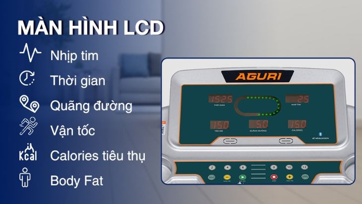 Theo dõi và quản lý nhịp tim và huyết áp dễ đang với màn hình LCD trên máy chạy bộ Aguri AGT-117L